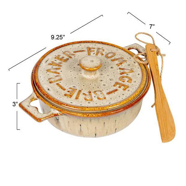 Stoneware Brie Baker with Bamboo Spreader showing its dimentions 3" x 9.25" x 7" in