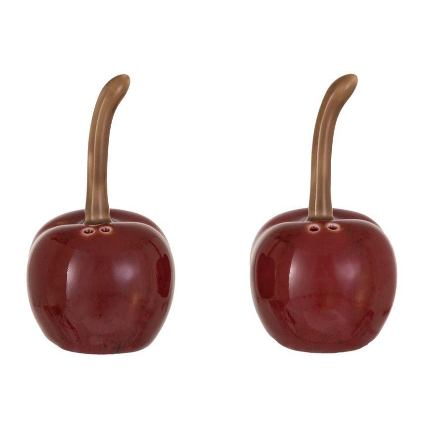 Stoneware Cherry Salt & Pepper Shakers – Set of 2, Red & Brown