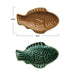Two fish-shaped ceramic plates, one brown and one green, with measurements on a white background.