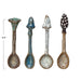 Set of four ceramic spoons with unique designs on a white background