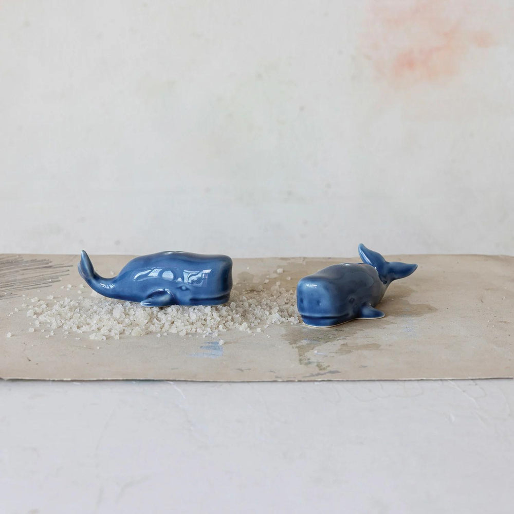 Stoneware Whale Salt & Pepper Shakers – Blue Set of 2