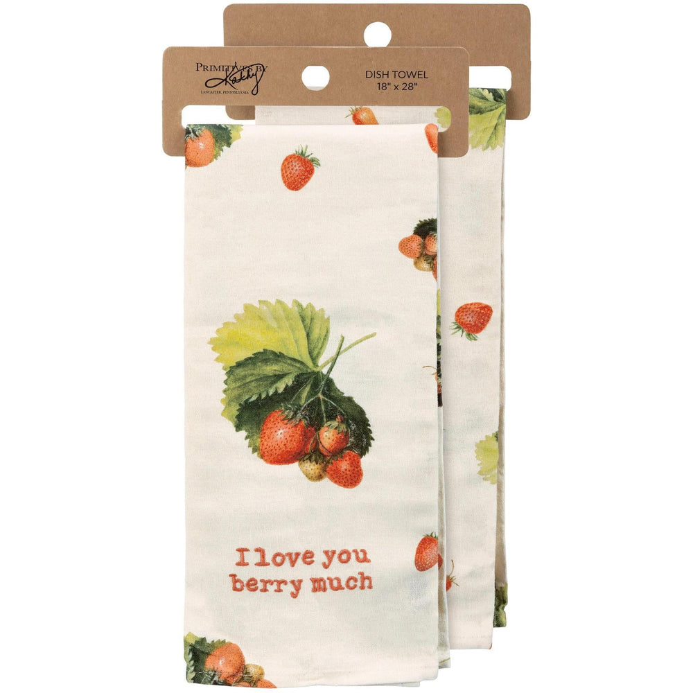 Dish towel with strawberry design and 'I love you berry much' text, displayed in packaging.