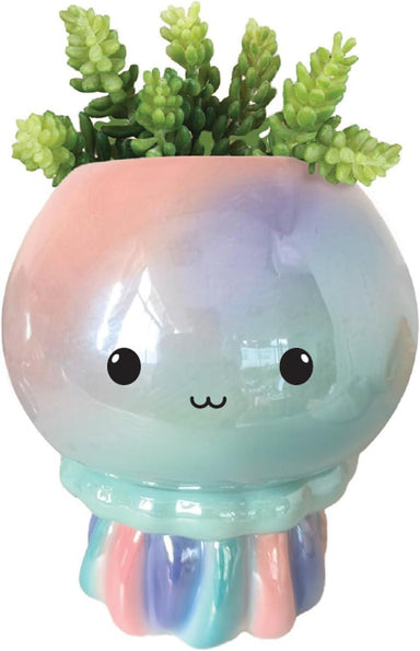 Pastel-colored jellyfish-shaped planter with a small plant on a white background