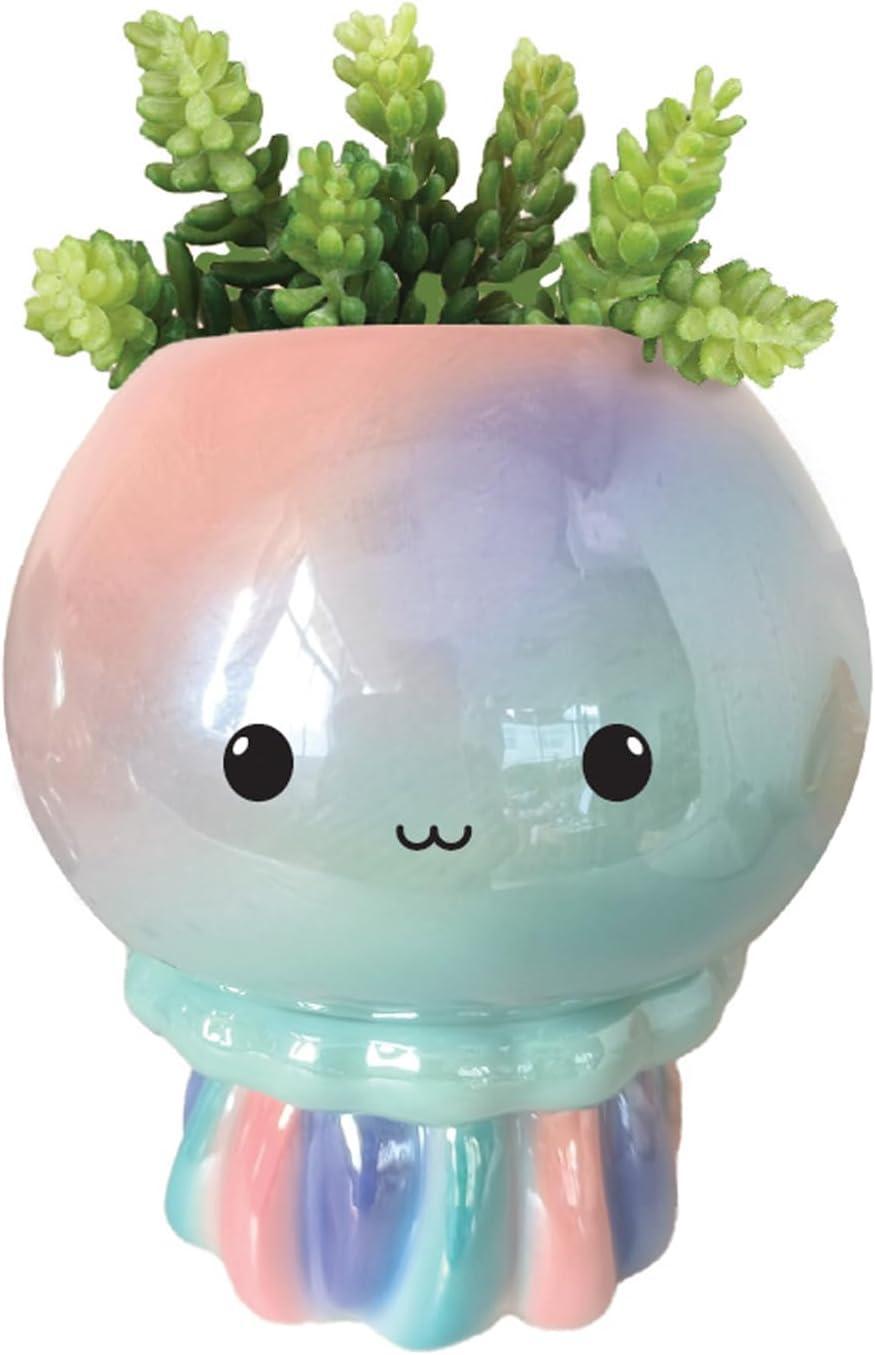Pastel-colored jellyfish-shaped planter with a small plant on a white background