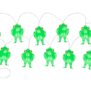 String of green frog-shaped lights on a white background