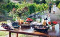 Outdoor table setting with food and drinks in a garden