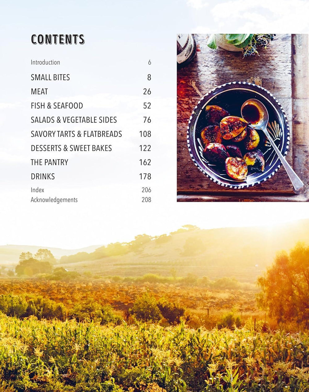 Table of contents for a cookbook with a scenic landscape and food image.