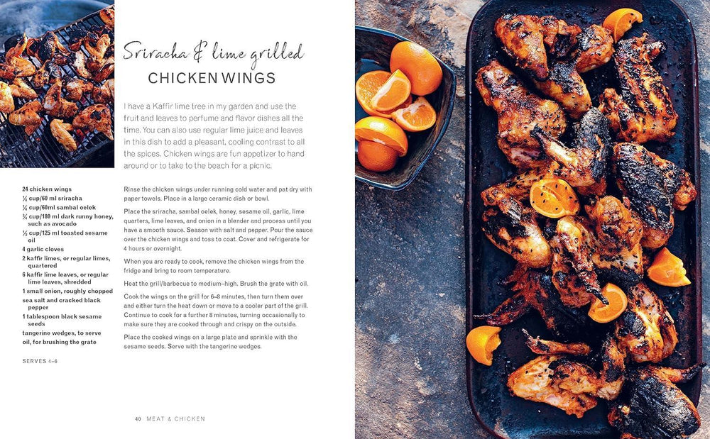 Grilled chicken wings with oranges on a platter, accompanied by a recipe text.