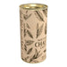 Cylindrical cardboard container with leaf patterns and text on a white background