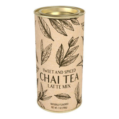 Canister of sweet and spiced chai tea latte mix with leaf designs on a beige background