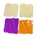 Four toy-like food accessories on a plain white background: two cream-colored bread-slice shapes at the top and two wavy rectangular pieces in purple and orange at the bottom.