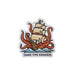 A die-cut sticker featuring an illustration of a sailing ship with beige sails and orange-red kraken tentacles wrapping around it, with the text 'TAME THE KRAKEN' below, shown on a plain white background.