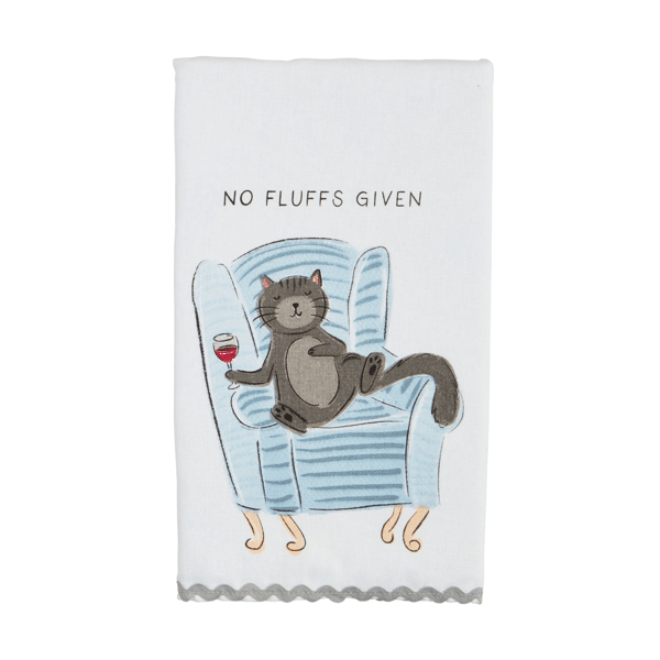 Tea towel with a cat design and text - No fluffs given