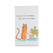 Tea towel with a cat design and text on a white background