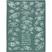 Teal towel with white eye pattern and humorous text on a white background