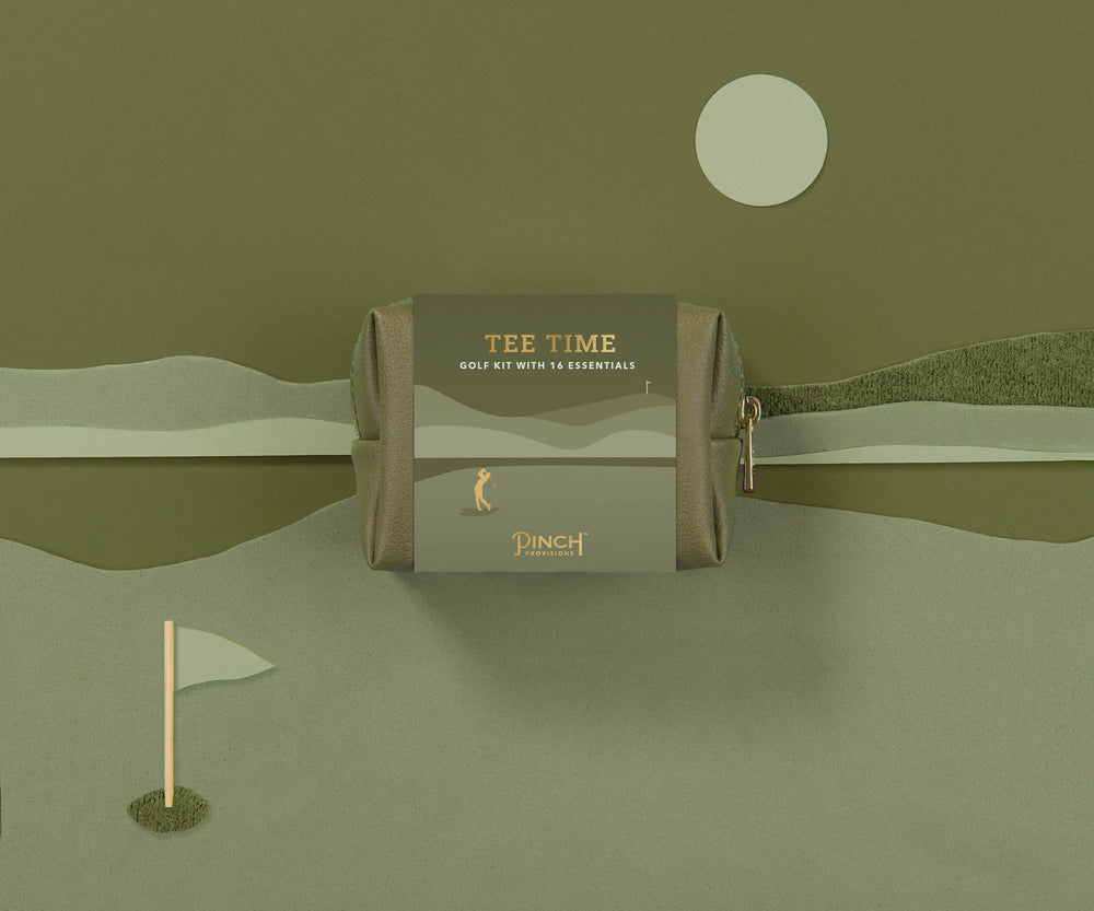 Golf kit packaging with 'Pinch' branding on a green landscape background