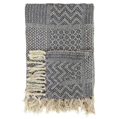 Textured blanket with geometric pattern and fringes on a white background