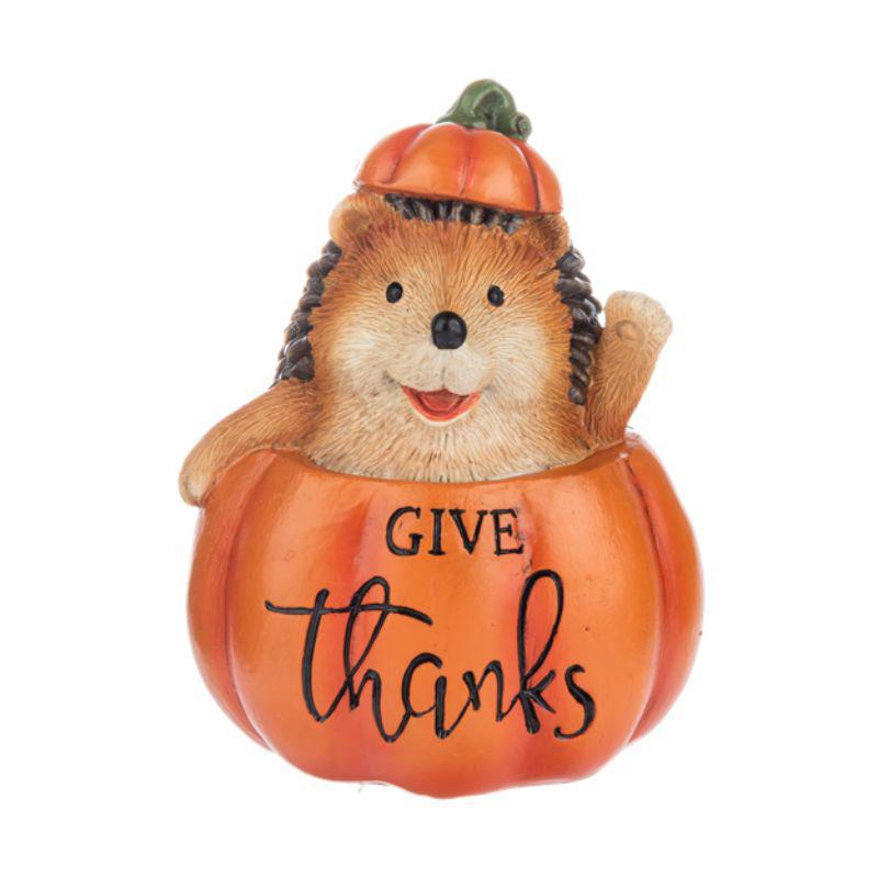 Hedgehog in a pumpkin with 'Give thanks' text on a white background