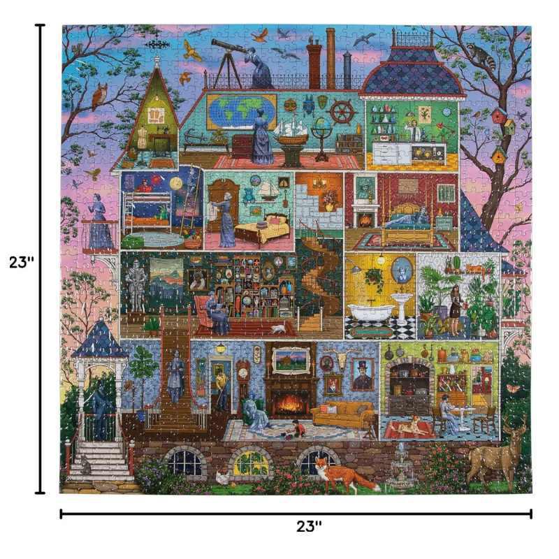 Jigsaw puzzle with various rooms and activities, showing dimensions 23" x 23".