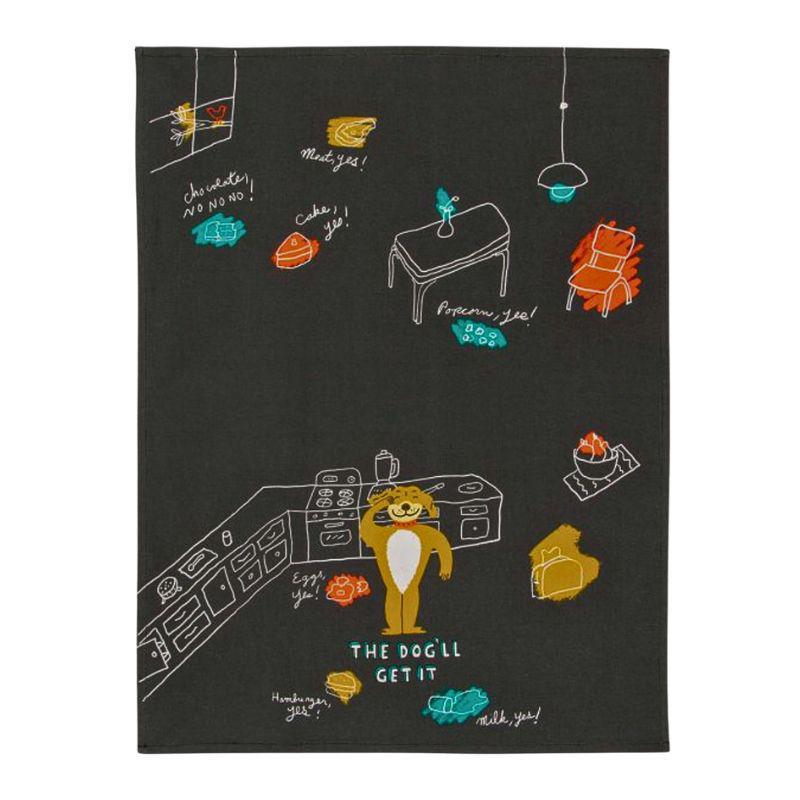 Black towel with colorful illustrations of a kitchen scene and a dog, featuring text and various kitchen items.