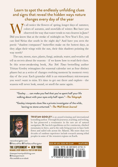 Book back cover with text about observing nature's changes throughout the year, featuring a photograph of the author Tristan Gooley.