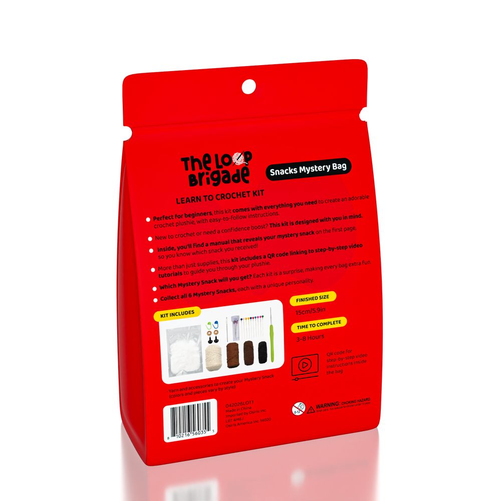 Red packaging of The Loopy Brigade snacks mystery bag on a white background