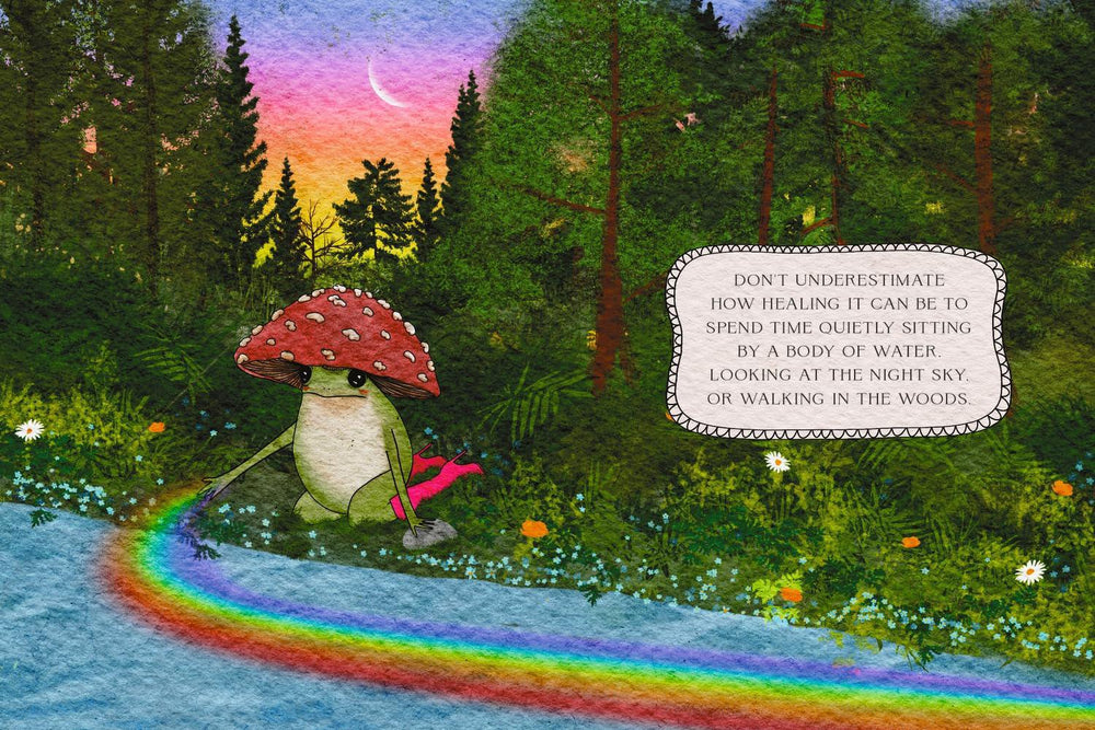 Frog under a red mushroom with a rainbow path in a forest at sunset.