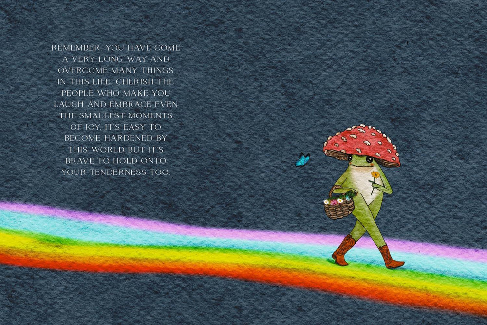 Illustration of a character with a mushroom hat walking on a rainbow, with text on a dark blue background.