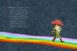 Illustration of a character with a mushroom hat walking on a rainbow, with text on a dark blue background.