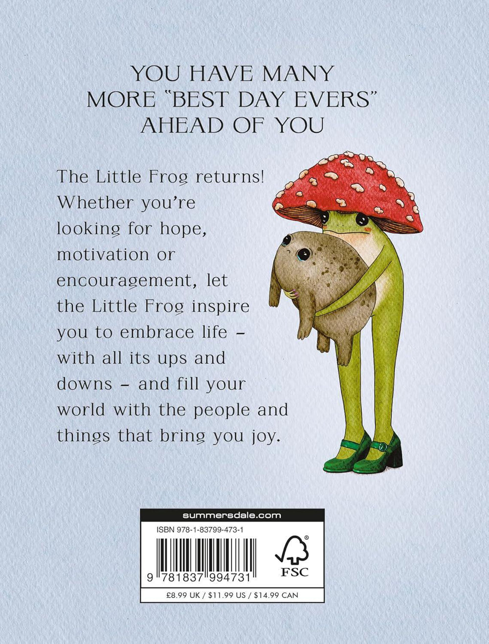 Frog character with a mushroom hat on a light blue background with motivational text.