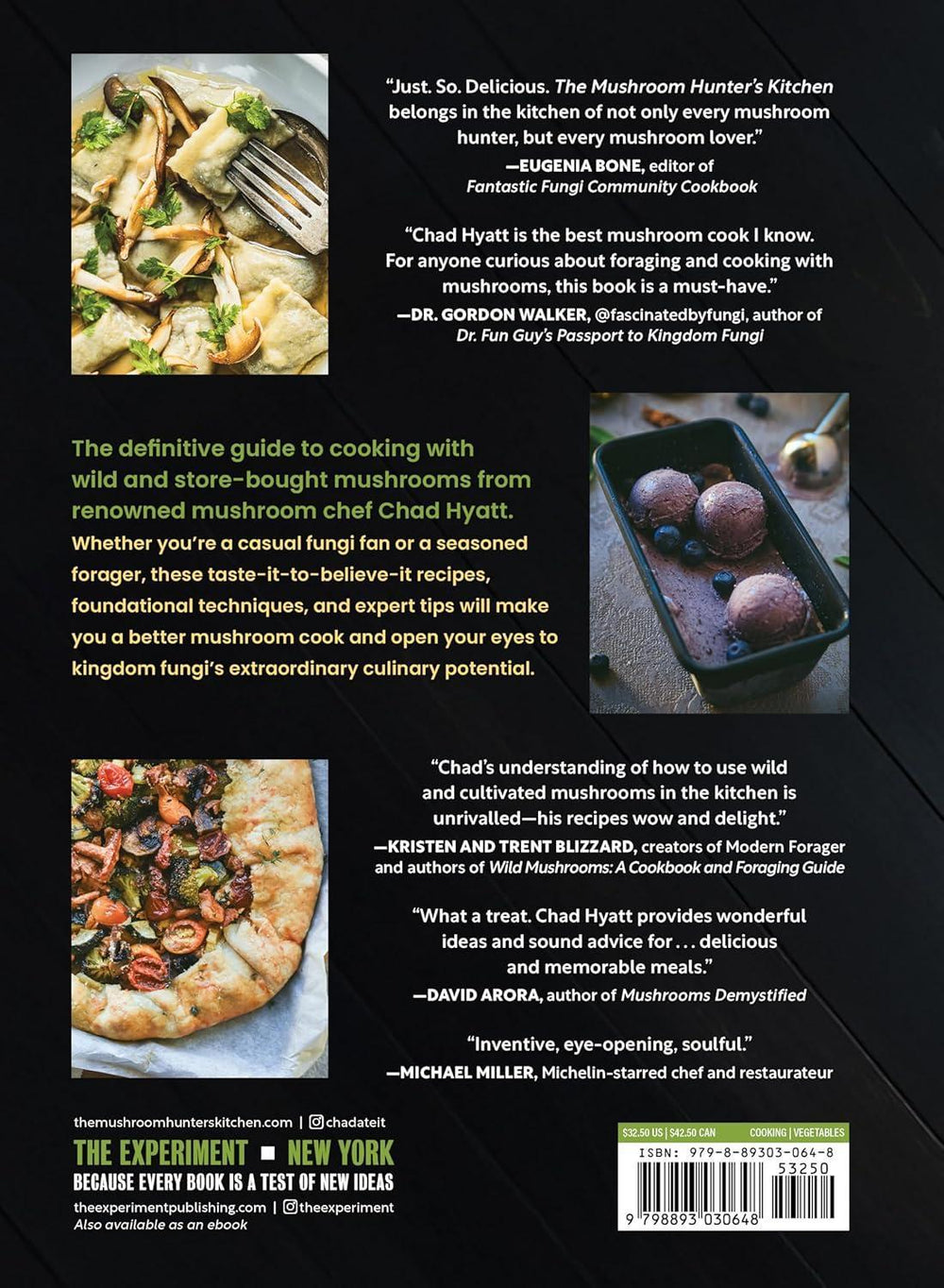Book cover of 'The Mushroom Hunter's Kitchen' with text and images of food.