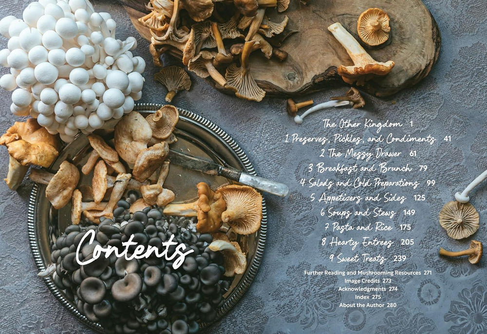 Contents page of a cookbook with mushroom illustrations and text on a textured background