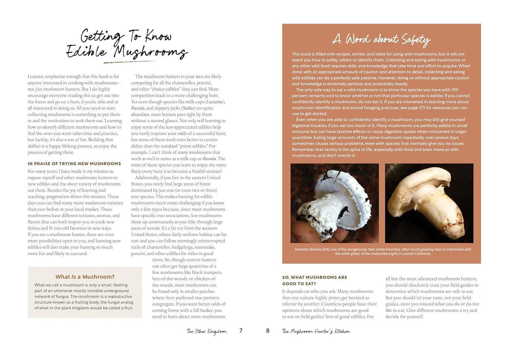 Book interior with text on edible mushrooms and safety precautions, featuring images of mushrooms.