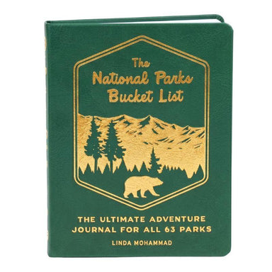 Green book titled 'The National Parks Bucket List' with gold illustrations on a white background
