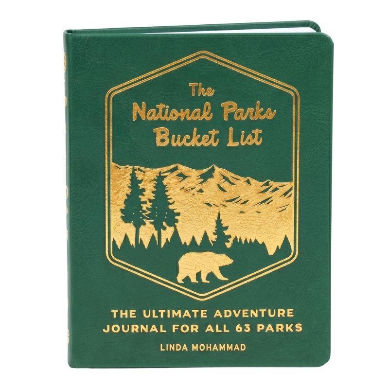 Green book titled 'The National Parks Bucket List' with gold illustrations on a white background