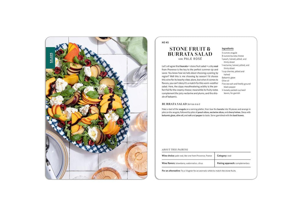 Recipe card for Stone Fruit & Burrata Salad with a photo and text on a white background