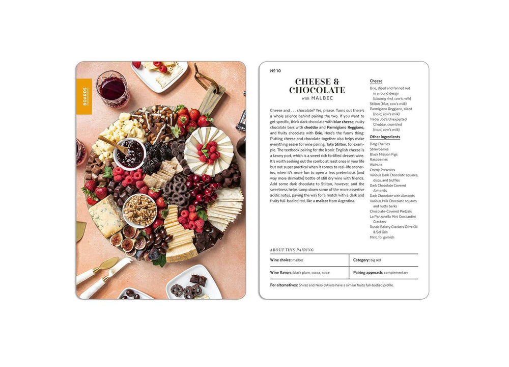 Magazine or book open to a page about cheese and chocolate plating with a visual of a platter on the left and text on the right.