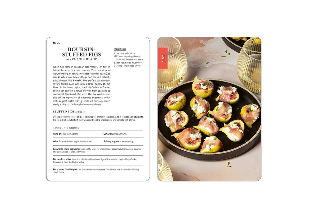 Recipe card for Boursin Stuffed Figs with a photo of the dish on a white background
