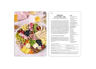Platter of assorted cheeses, fruits, and crackers with a recipe card on a white background