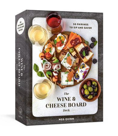Wine and Cheese Board book with images of wine, cheese, and fruits on a white background