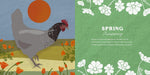 Illustration of a rooster in a field with flowers and text about spring on a green background.