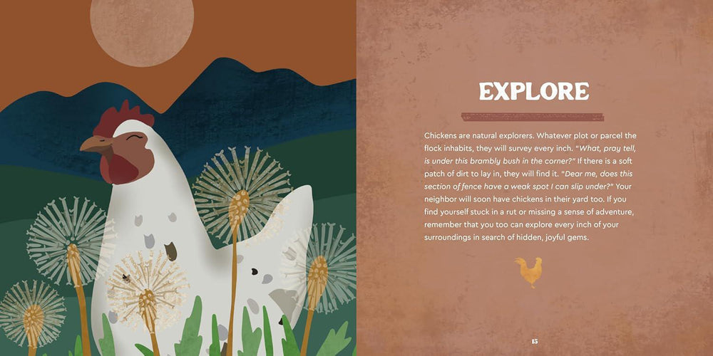 Illustration of a rooster and a fox in a natural setting with text on an orange background.