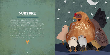 Illustration of a mother hen with chicks and text about 'Nurture' on a green background.