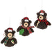 Three brown teddy bear ornaments with festive accessories on a white background
