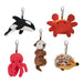 Set of five plush keychains shaped like an orca, crab, octopus, otter, and hedgehog on a white background.
