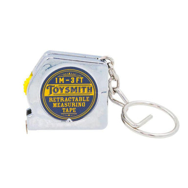 Retractable measuring tape with keychain attachment on a white background