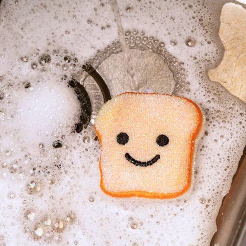 Toast with a smiley face in soapy water, Toast Scrub Sponges – Smiley Dish Scrubbers (Set of 2)