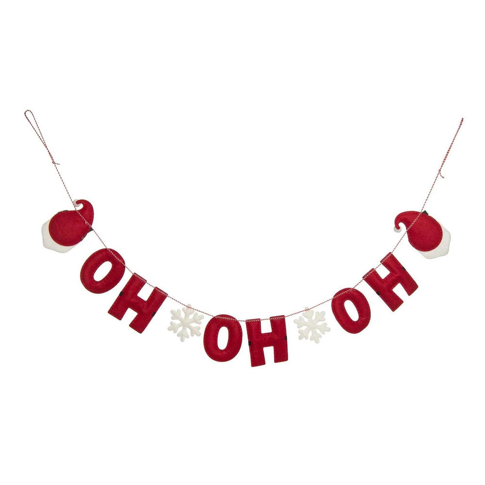 Red 'OH OH OH' banner with snowflake decorations on a white background