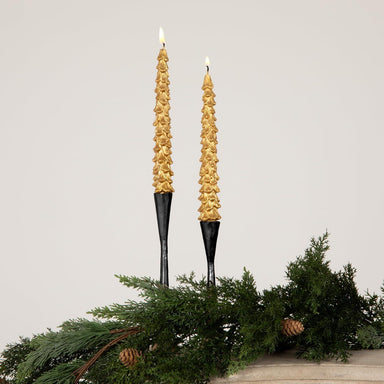 Two gold candles with black holders on a bed of greenery against a light gray background