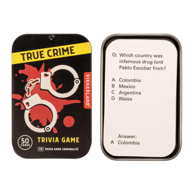 True Crime trivia game with question card on white background